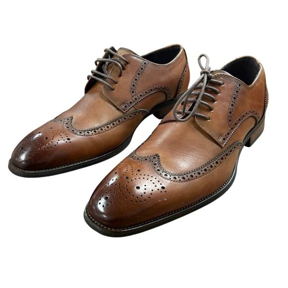 Jousen Mens Size 10 Brown Leather Lace Up Wingtip Formal Business Oxford Shoes - Picture 3 of 8